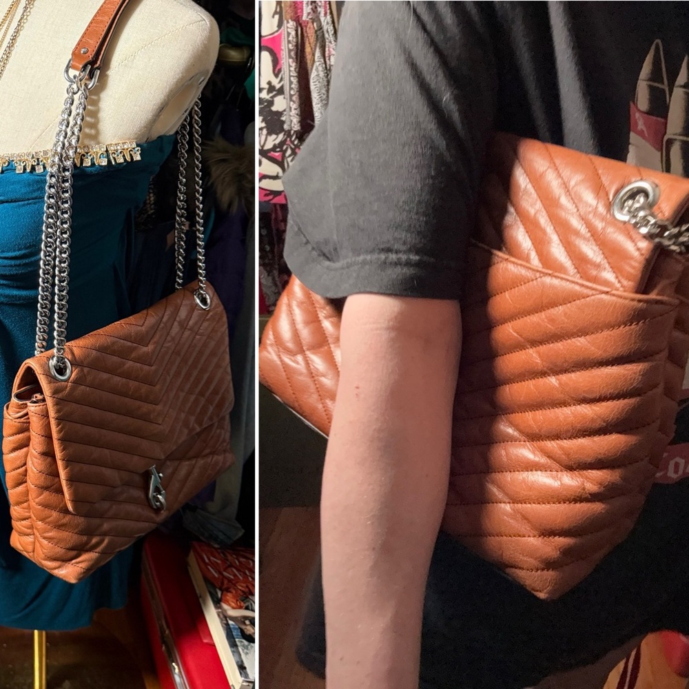 Rebecca Minkoff Edie Flap Shoulder Bag in brown leather with silver hardware. - Picture 7 of 8